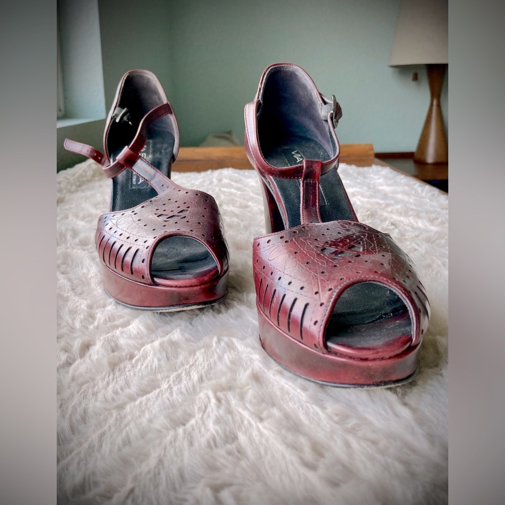 2/$150 VIA SPIGA sandal, made in ITALY; brogue details sandal; burgundy/wine
